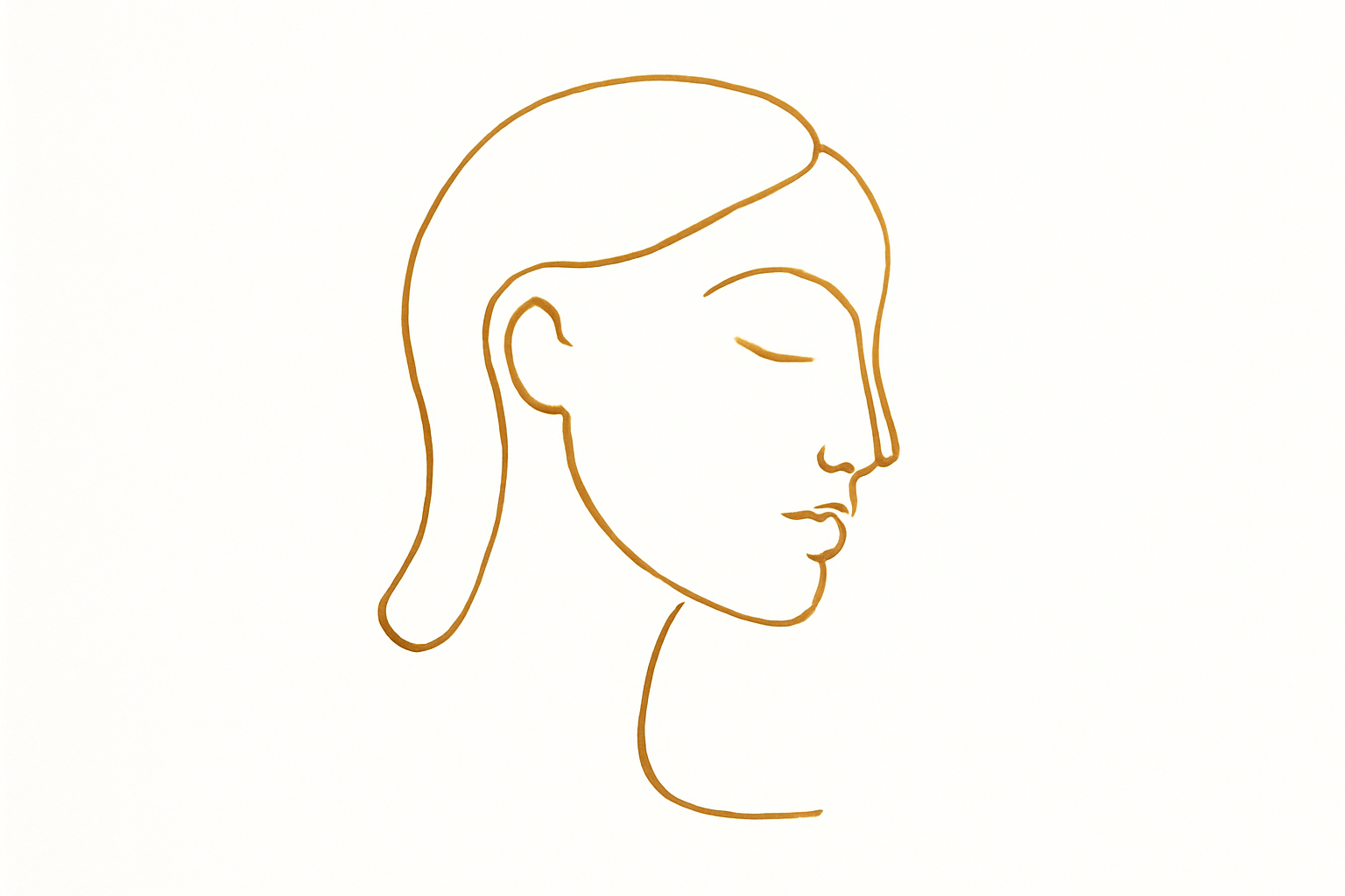 Gold line art of a face in profile