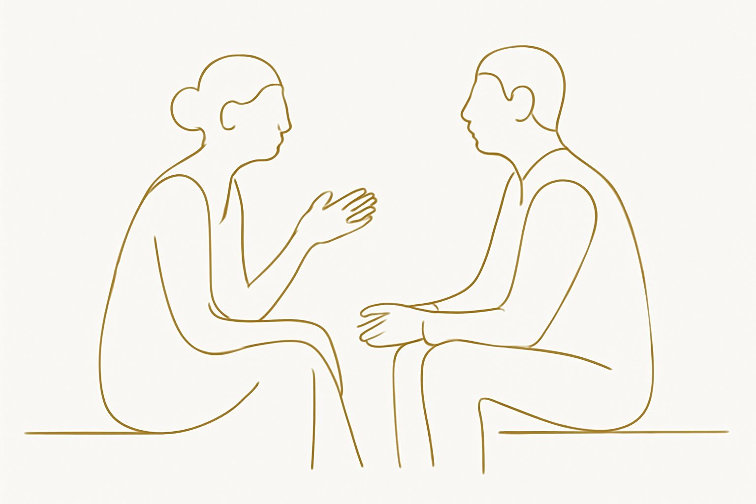 Gold line art of two people in conversation